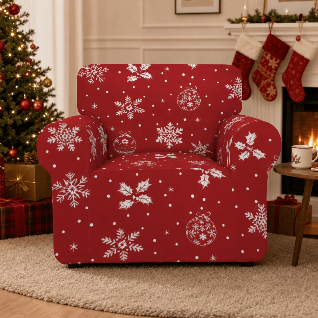 Holiday print stretch armchair slipcover in festive red