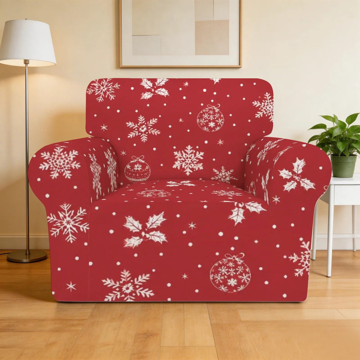 Festive red armchair slipcover styled in a living room
