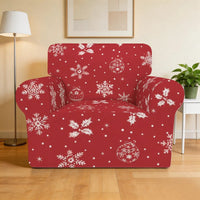 Festive red armchair slipcover styled in a living room