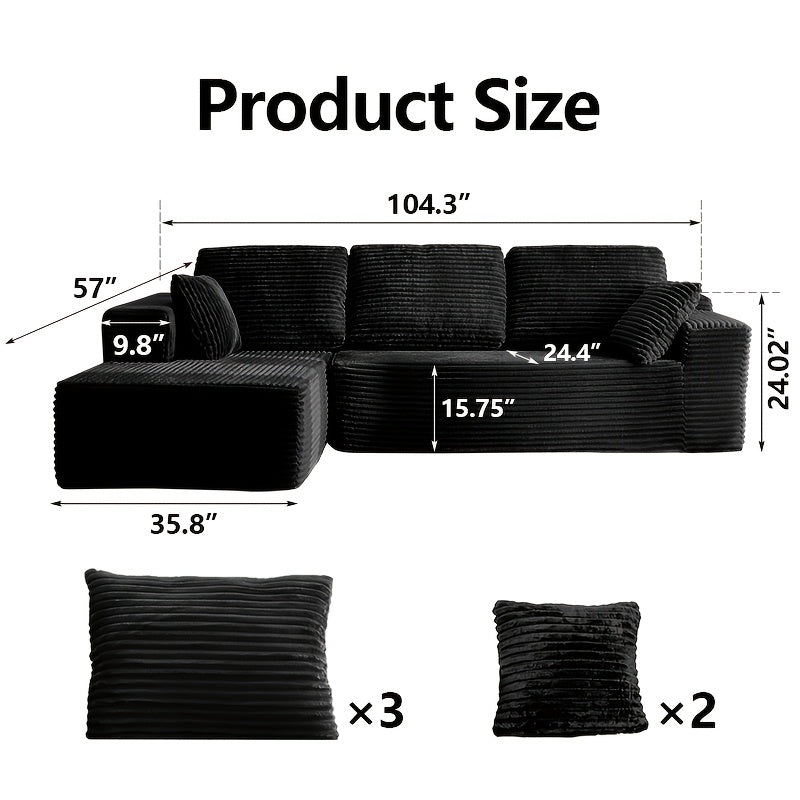 104″ L-shape dimensions — 104.3″ × 57″, 3 back cushions and 2 throw pillows
