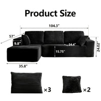 104″ L-shape dimensions — 104.3″ × 57″, 3 back cushions and 2 throw pillows