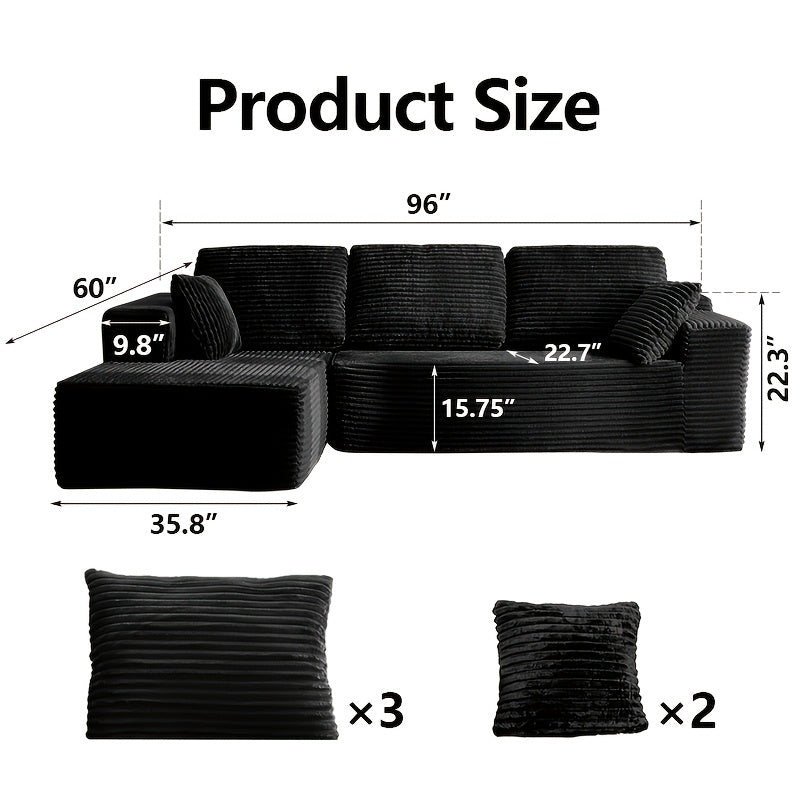96″ L-shape dimensions — 96″ × 60″, 3 back cushions and 2 throw pillows