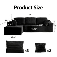 96″ L-shape dimensions — 96″ × 60″, 3 back cushions and 2 throw pillows