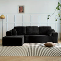 Oversized corduroy chaise sectional in black, L-shape with throw pillows