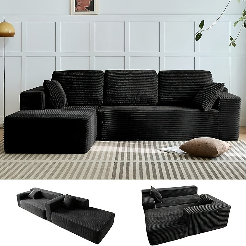 Black chaise sectional in a living room, with modular section views