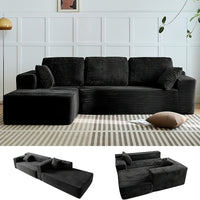 Black chaise sectional in a living room, with modular section views