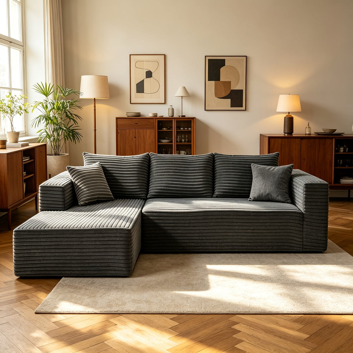 Dark gray U-shaped cloud sofa, angled view