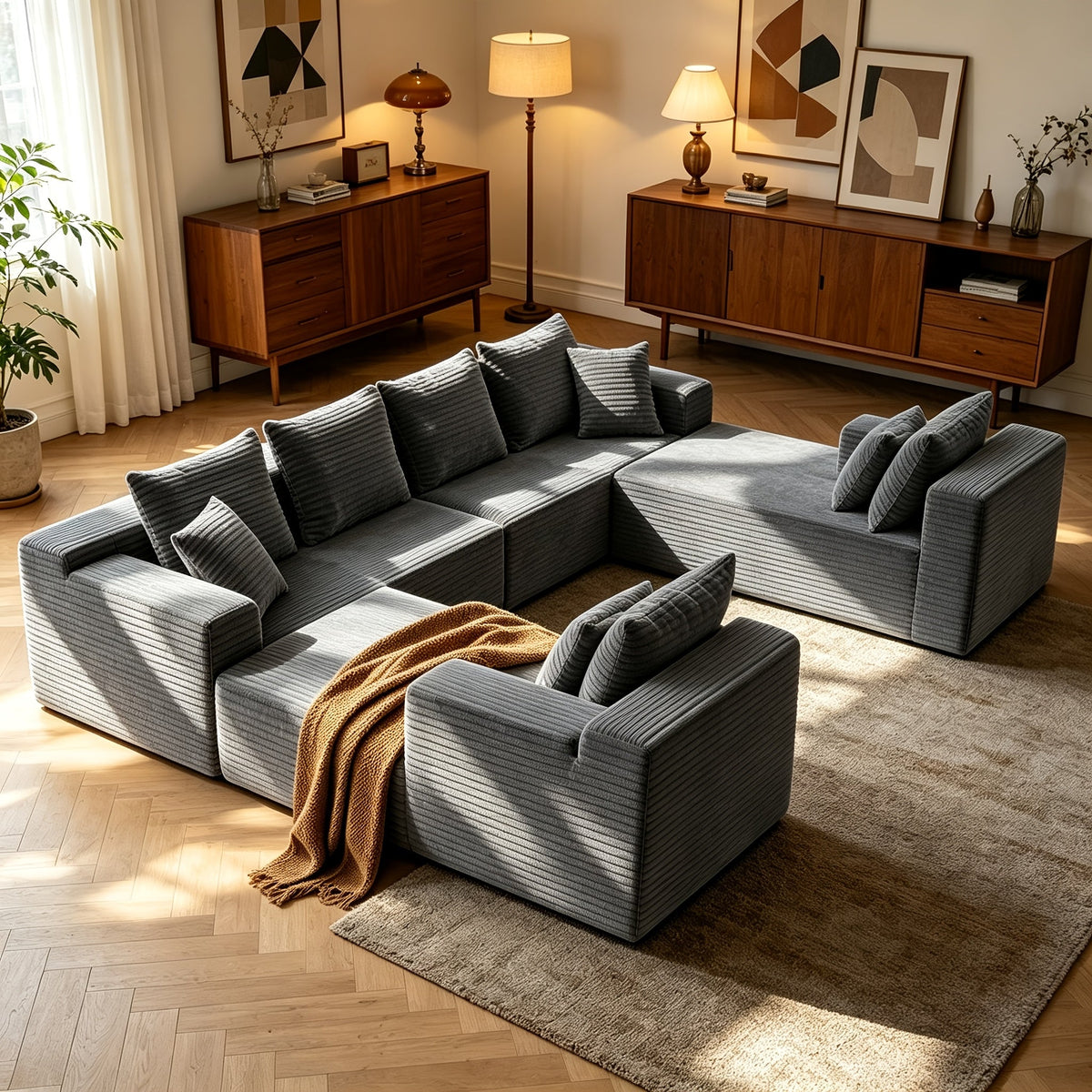 Dark gray U-shaped cloud sofa in a living room