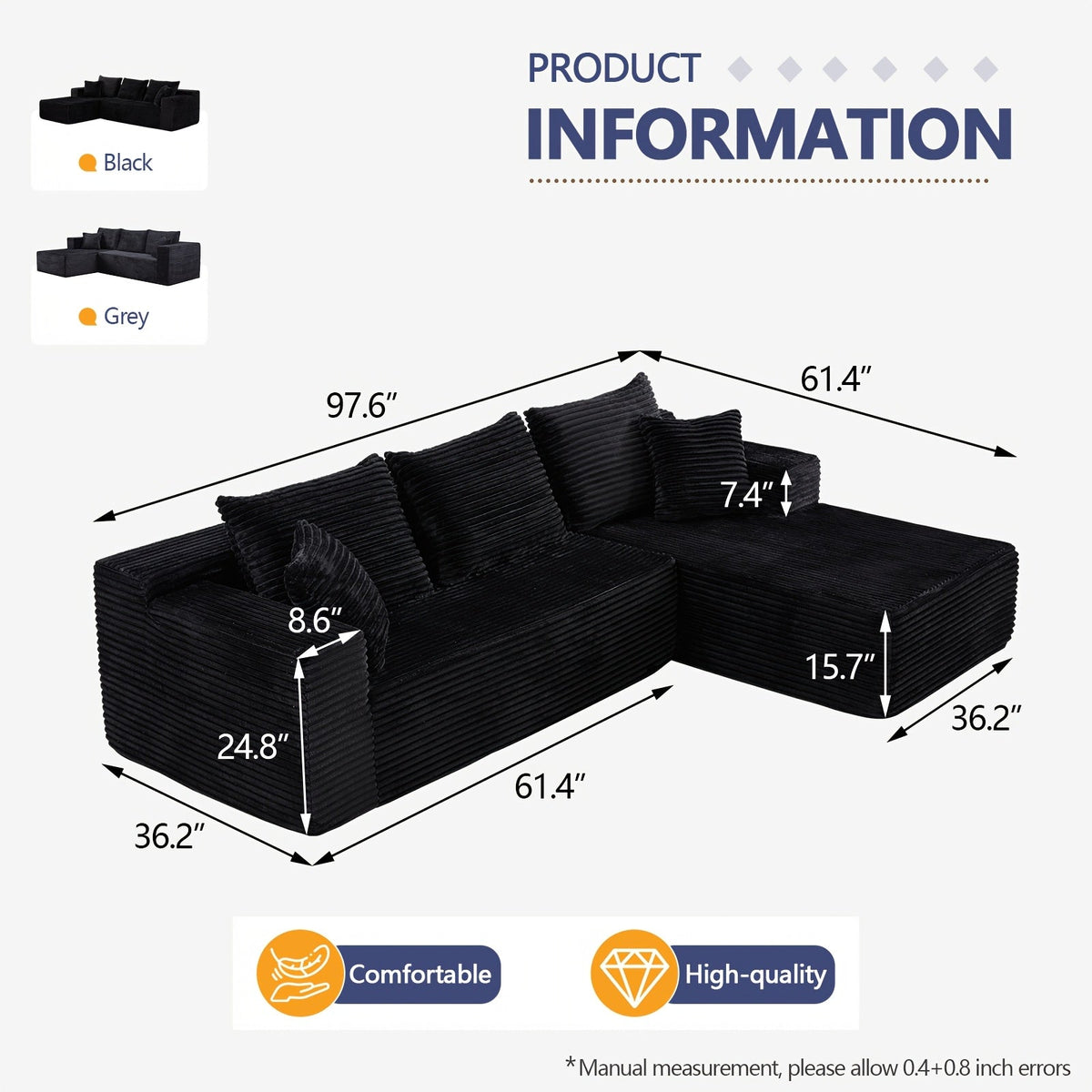L-shape dimensions — 97.6″ × 61.4″, seat height 15.7″
