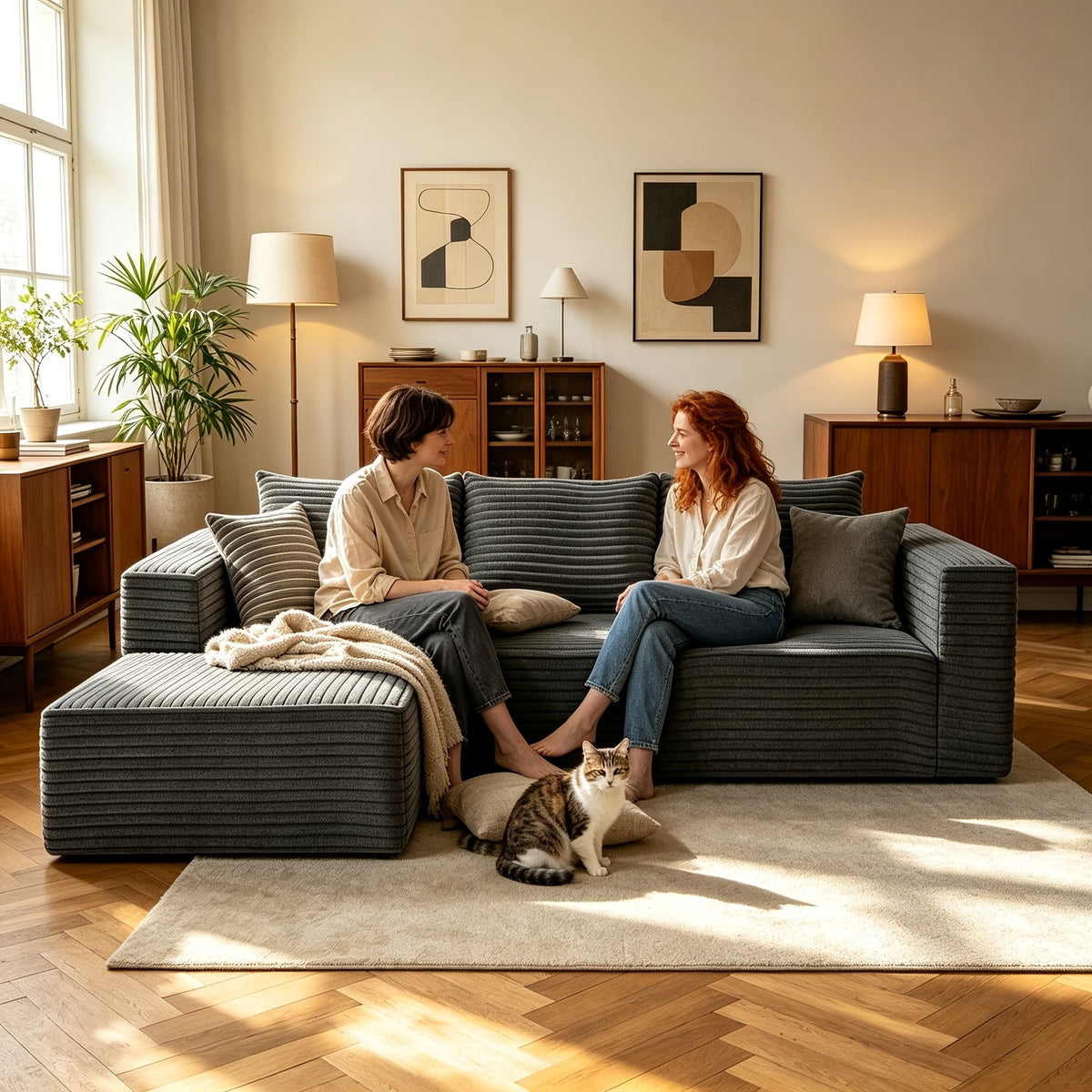 Two people relaxing on the dark gray L-shaped cloud sofa