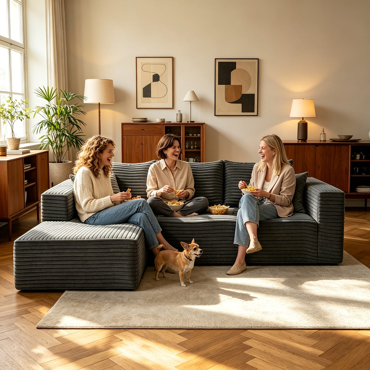 Family with dog on the dark gray L-shaped cloud sofa