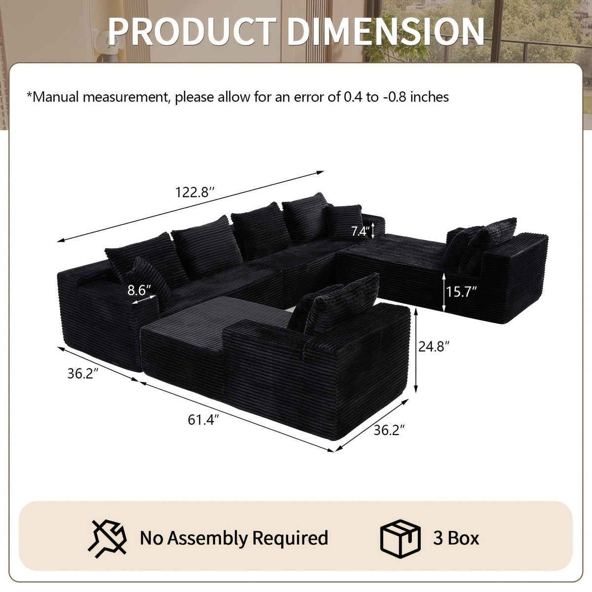 U-shape dimensions — 122.8″ × 61.4″, no assembly, 3 boxes