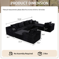 U-shape dimensions — 122.8″ × 61.4″, no assembly, 3 boxes
