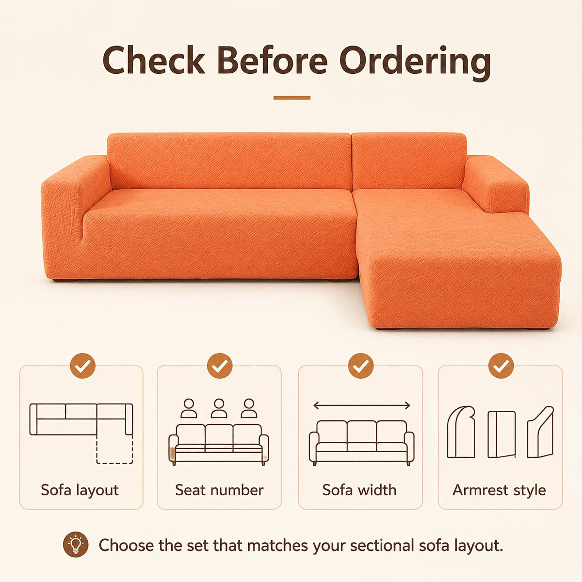 Check before ordering — sofa layout, seat number, width, armrest style