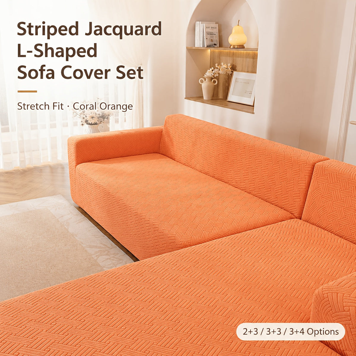 Striped jacquard sectional sofa cover set in Coral Orange