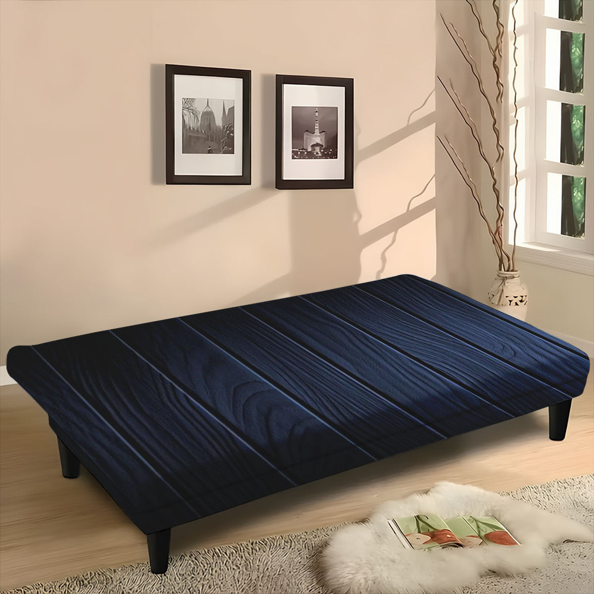 Cover fitted with the sofa bed folded flat as a bed