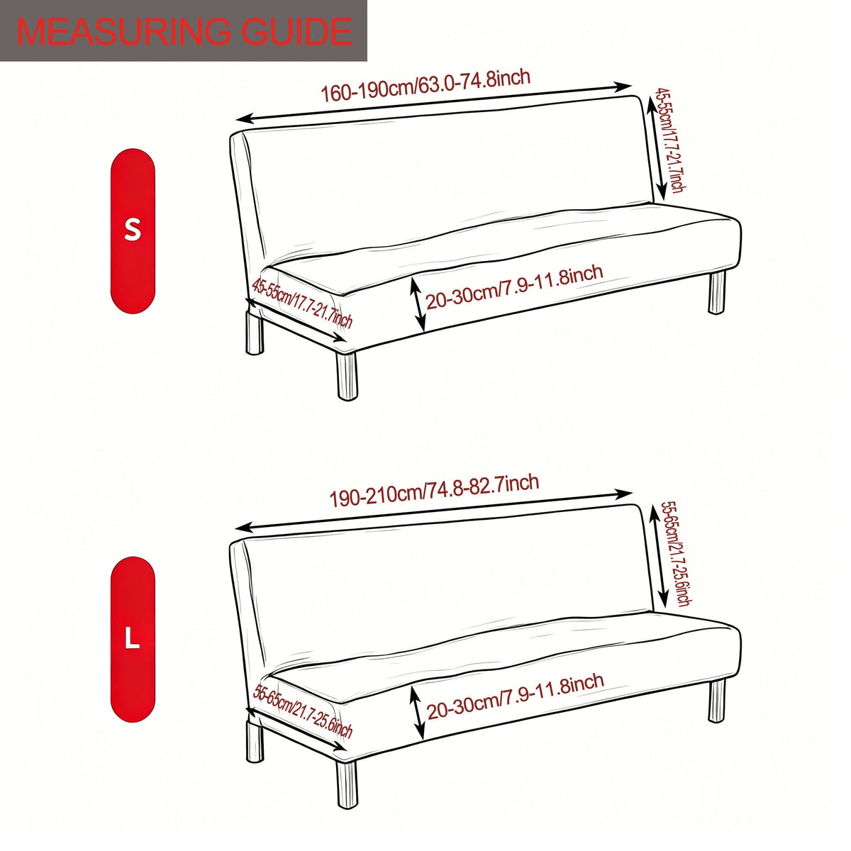 Measuring guide — size S fits 63–74.8″ armless sofa beds