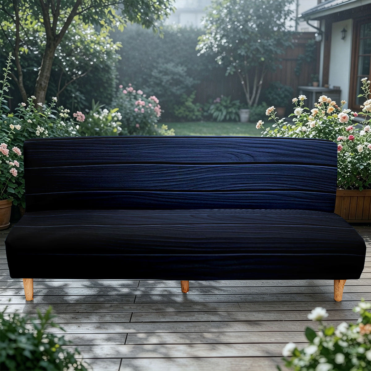 Sofa bed cover in deep navy wood-grain texture